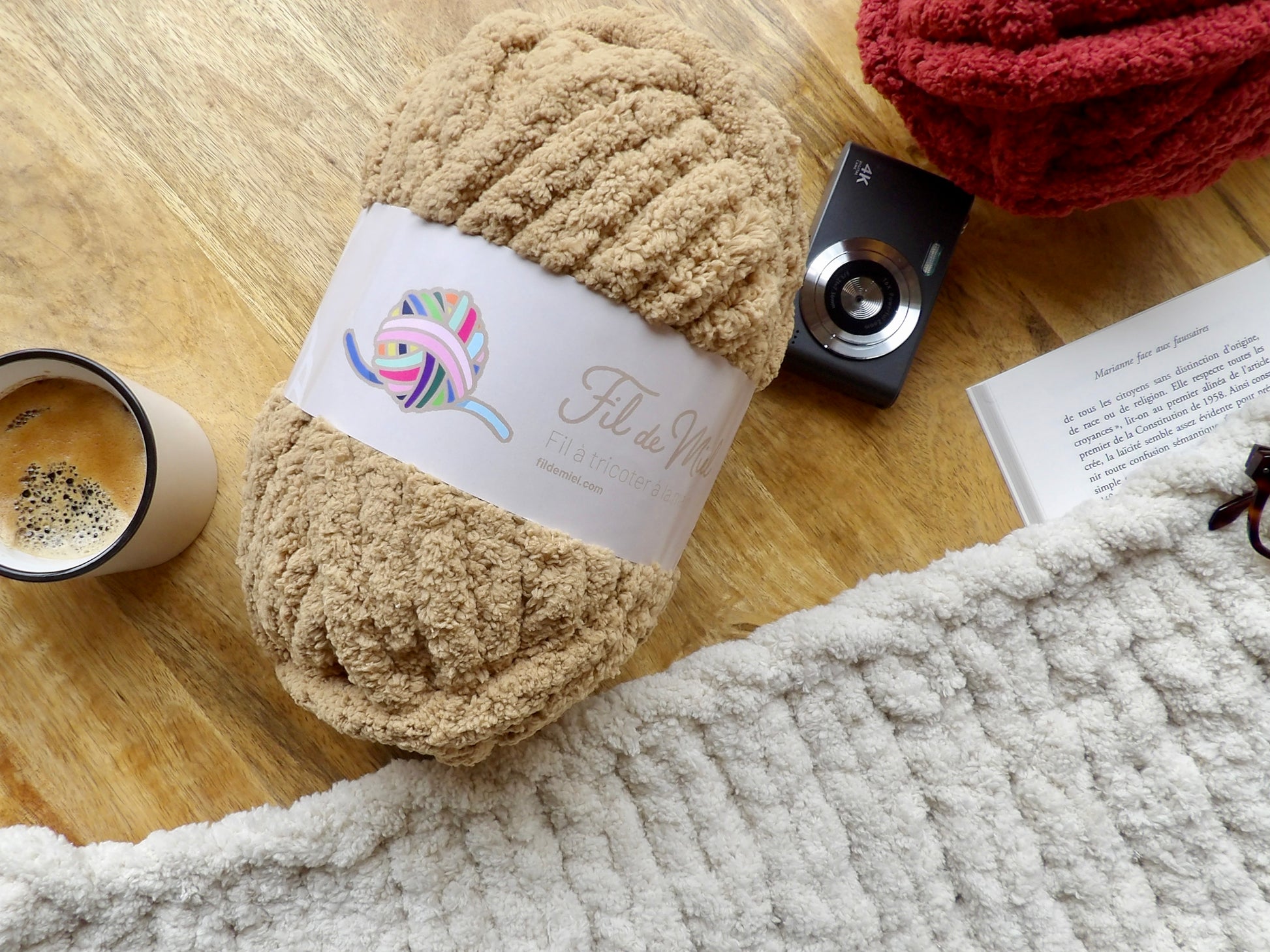 Laine XXL miel doré marron - Fil chenille gourmand ultra doux